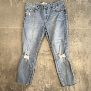 We the Free Jeans Womens 30 Blue Distressed Crop Raw Hem Grunge Boho Button Fly